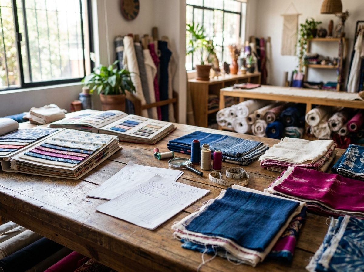Mesa de selección de textiles y muestras de La Grande