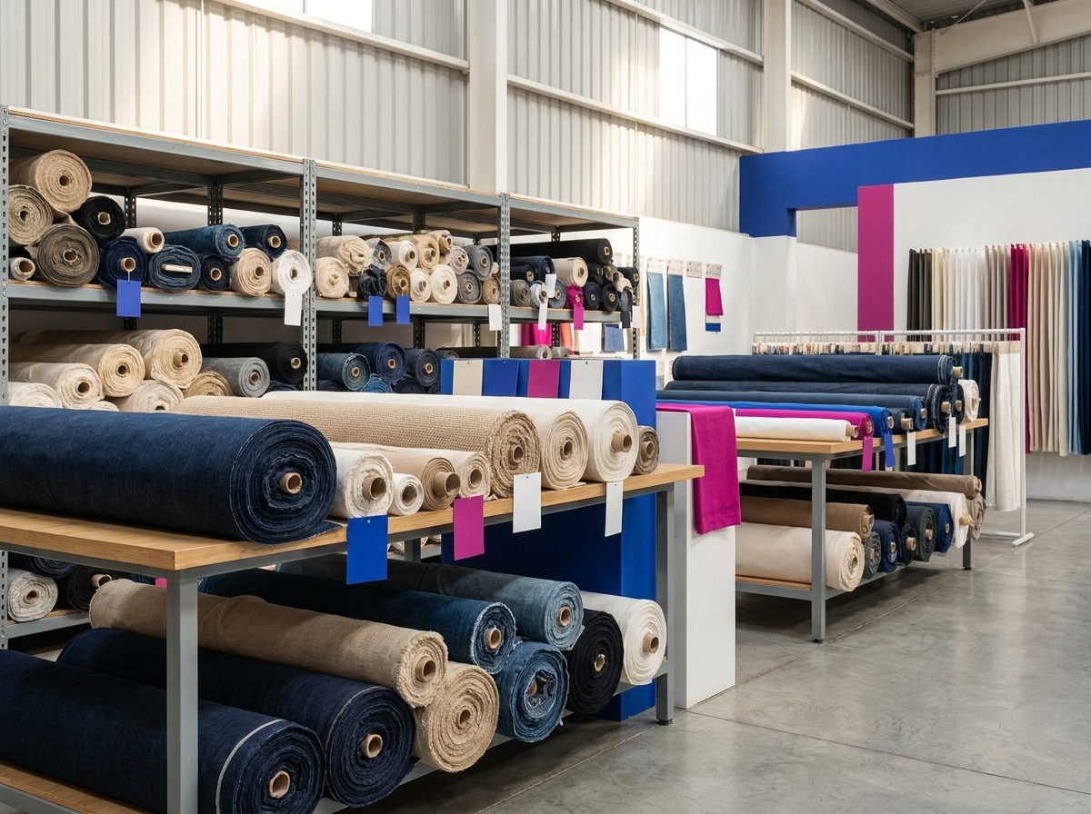 Rollos textiles en exhibición industrial