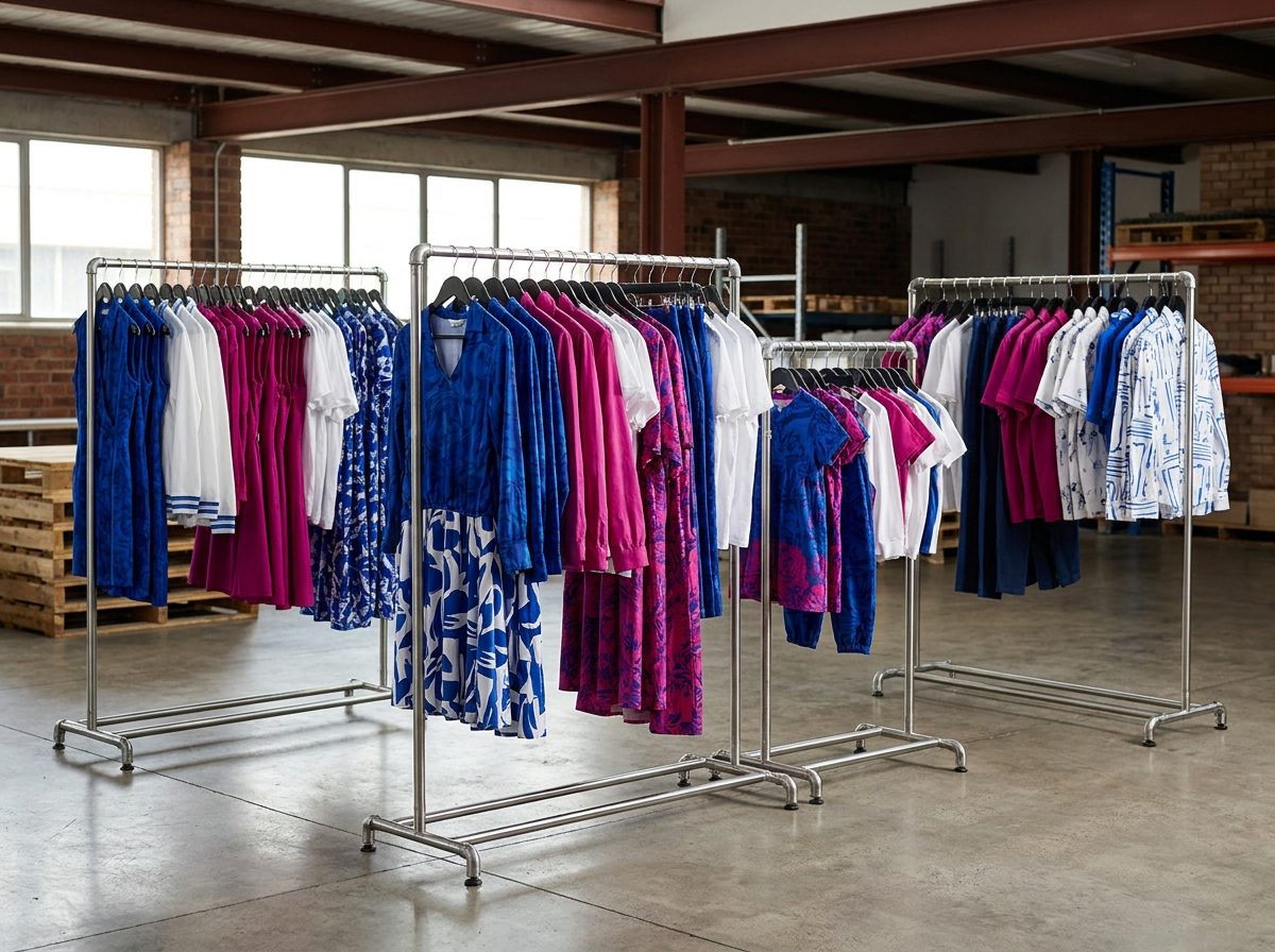 Prendas estampadas en azul, magenta y blanco